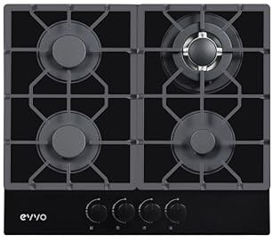 Plaque à gaz EVVO V70 en verre, 4 brûleurs avec Wok, verre trempé noir, allumage électrique, gaz naturel/butane
