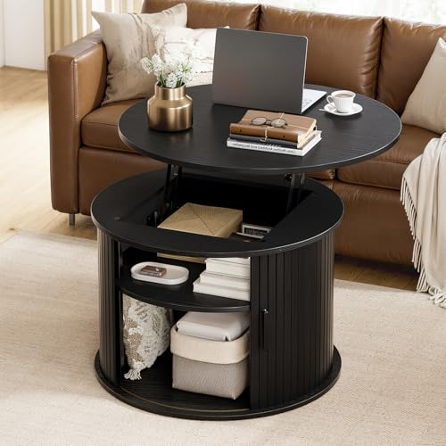 Mossora Black Round Lift Top Fluted Coffee Table with Storage, 68*68*50cm | Wood Accent Center Table with Open Shelves, Drum Table with Sliding Rolling Door, Small Center Dining Table for Living Room