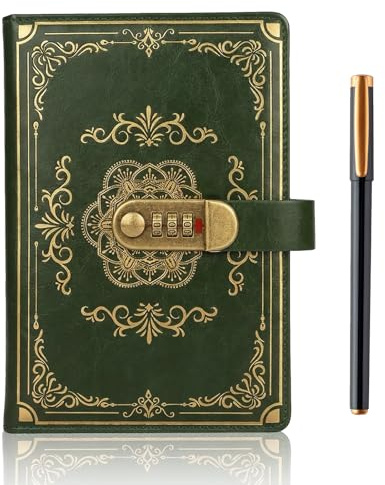 SIMDAO Vintage Leather Journal Notebook with Lock, A5 Lined Pages Locked Journal with Pen, Secret Notebook with Combination Passwords, Notebook Gift for Men and Women,100Sheets/200Pages (Green)