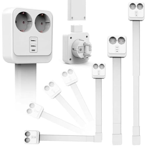 Steckdosenleiste Wandmontage Ausziehbar (56-86cm), 5-in-1 Steckdosenadapter mit USB C & 2 AC, 180° Drehbar Mehrfachsteckdose Flachstecker für Hinter Sofa, Bett, Schreibtisch - Weiß