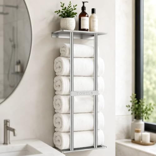 LLHONG Towel Rack, Bathroom Towel Storage with Shelves, 79cm Wall Mounted | Bathroom Towels Holder | Space Saving | Shower Organizer with Shelves | for Rolled Towels
