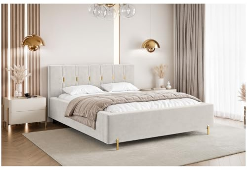 MEBLINI Fabio Polsterbett 160x200 mit Stauraum - Lattenrost und Bettkasten - Kopfteil Bett mit Stauraum - Doppelbett - Stauraumbett - Betten - 160x200 - Creme Samt ohne Matratze