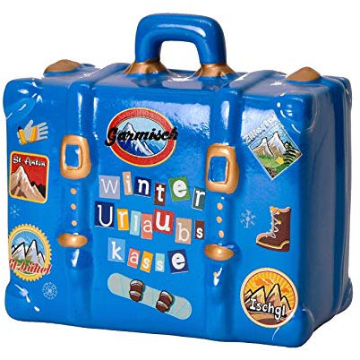wunderschöne Spardose,Sparbüchse Urlaubskasse Reisekoffer Winter mit Urlaubsstickern