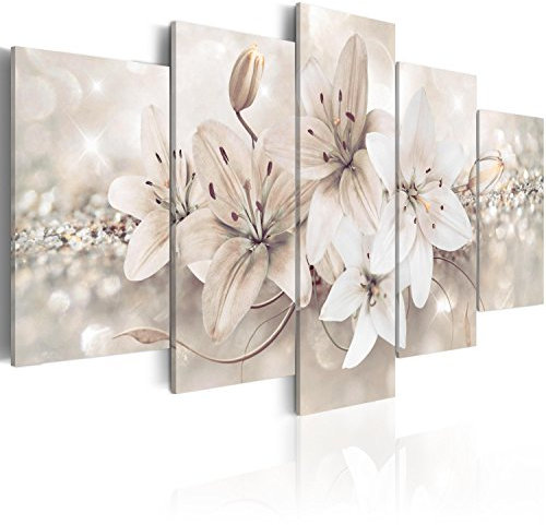 B&D XXL - Wandbilder XXL Blumen 225x112cm 5 tlg - Wand Deko Leinwand Bilder Groß Wanddeko Wohnzimmer Schlafzimmer Kunstdrucke - Lilien Abstrakt beige bokeh b-A-0297-b-n