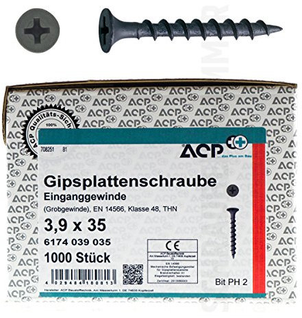 ACP Schnellbauschrauben Grobgewinde 3,9 x 35 mm - 250 Stück, PH 2, Gipsplattenschraube Einganggewinde, phosphatiert