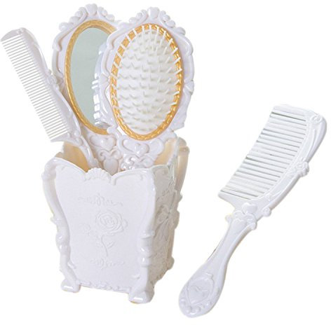 4pcs Hair Brush, Vintage Hair Brush Set for Women Mirror Brush Comb Set with Holder, Professional Hairbrushes Set, Handheld Mirror with Embossed Flower, Suitable for All Hair Types (White)