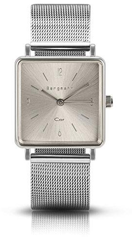 Bergmann Armbanduhr COR Quadro silberfarben analog Quarz quadratisch silberfarbenes Zifferblatt silberfarbenes Milanaisearmband