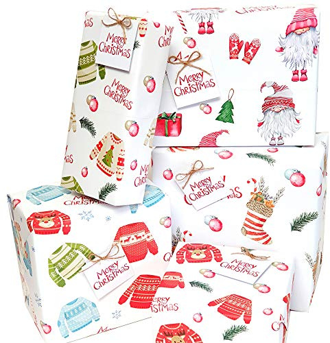 Christmas Wrapping Paper 10 Pack with 10 Gift Tags Christmas Wrapping Presents Gonks, Jumpers Stockings & Scandinavian Gnomes (50cmx70cm)