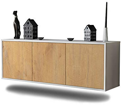 Lowboard Seattle hängend (136x47x35cm) Korpus weiß matt - Front Holz-Design Eiche - Push to Open