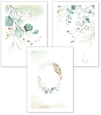 3-teiliges Premium Poster-Set | Kunstdruck | Zweige und Blätter | Deko Bild für Ihre Wand | optional mit Rahmen | Wohnzimmer Schlafzimmer Modern Fine Art | DIN A4 / A3 (A4, ohne Rahmen)