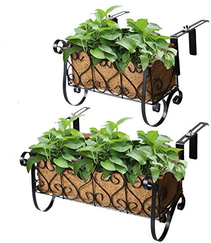 MorTime Eisen Hängendes Blumenregal Korbregal mit Haken Geländer Blumentöpfe Halter Schwarz Metall Deko Geländer Regal für Outdoor Garten Balkon Zaun Terrasse