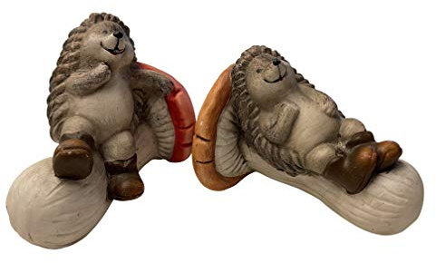 khevga Herbstdeko Igel auf Pilz – 2er Set Figuren aus Kunststein – niedliche Gartendeko Igel liegend – wetterfest – ca. 16 x 10 cm