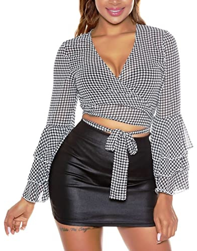 Koucla Printed Wickel V-Neck Bluse Top zum Binden mit Volant Ärmel M/L