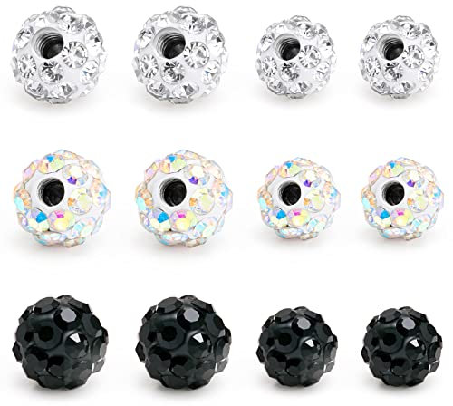 AceFun 5mm Kugel Piercing 16G 1,2 mm Ersatzkugeln Spikes für Piercing Barbell Teile 3,5 mm 5 mm Edelstahl & Weiß Schwarz Regenbogen Bunte Kristall CZ Kugeln für 16G Lip Labert Bars 12St