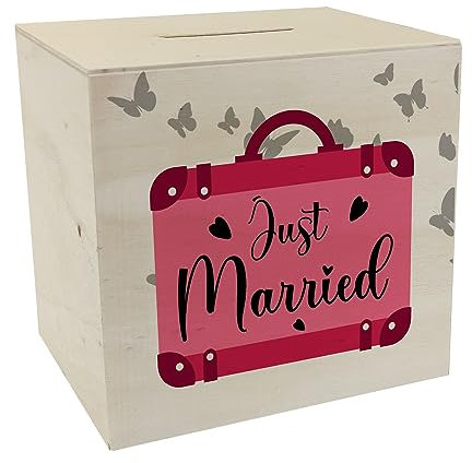 Just Married Hochzeit Spardose aus Holz mit pinkem Koffer EIN buntes Sparschwein für die Flitterwochen Heirat Verlobt Sparbüchse Trauung Hochzeit dekorativ
