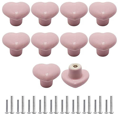 SWZHAI 10 Pcs Pink Ceramic Cabinet Knobs, Heart Shaped Drawer Knobs Kitchen Cabinet Dresser Pulls Handles, Decorative Cabinet Door Knobs for Furniture Cupboard Closet(Light Pink)