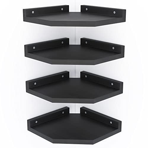 Schwarz Eckregal Wandhalterung - Set von 4 Naturholz Schweberegal Lagerregal für Badezimmer, Schlafzimmer, Wohnzimmer & Küche - Schwebendes Display Regal Bücherregal Eckwandregal