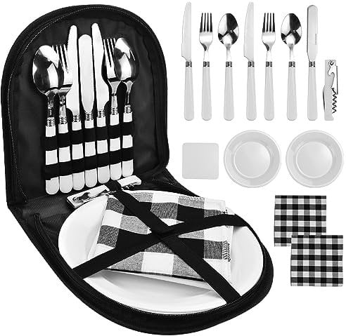LANSKYLAN 13 Teiliges Camping Besteck Set Portable Campingbesteck Picknick Set 2 Personen Reise Geschirr Edelstahl Picknicktasche mit Löffel Gabel Teller Camping Cutlery Set for 2 Camping Picknick