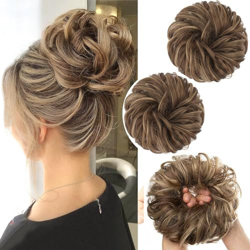 PORSMEER 2 Stücke Haarteil braun/blond mit Gummiband,Dutt Haarteil Gelockt Haargummi mit Haaren Hochsteckfrisuren Haarverlängerung Messy Bun Scrunchies Haarteile für Damen Pferdeschwanz