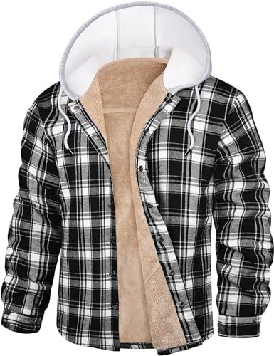 Vancavoo Veste a Carreaux Homme Polaire Chemise Flanelle Chaud Surchemise Bûcheron à Capuche Hiver en Automne Casual Lumberjacket,Noir+Blanc,L