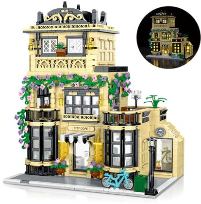 RuiDaXiang Stadt Café Architektur Baukasten,3 Ebenen Cafe Modell Bauklötze Spielzeug mit LED-Leuchten für Teenager, Erwachsene(1443 Stück)