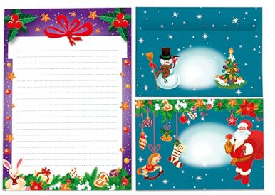 Briefpapier-Set A5 Geschenk lila Schreibblock liniert mit Umschlag Motiv Weihnachten Wichtelgeschenk für Kinder Jungen Mädchen (1 Block A5 mit 25 Blättern + 15 bunt bedruckte Kuverts)