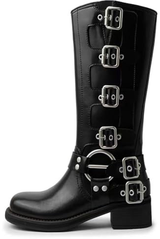 Cintura con Fibbia Stivali Cavaliere Tacco Spesso Testa Quadrata Stivali Cowboy Occidentale retrò Donna Autunno e Inverno Stivali Alti in Pelle Morbida Stivali Biker Casual