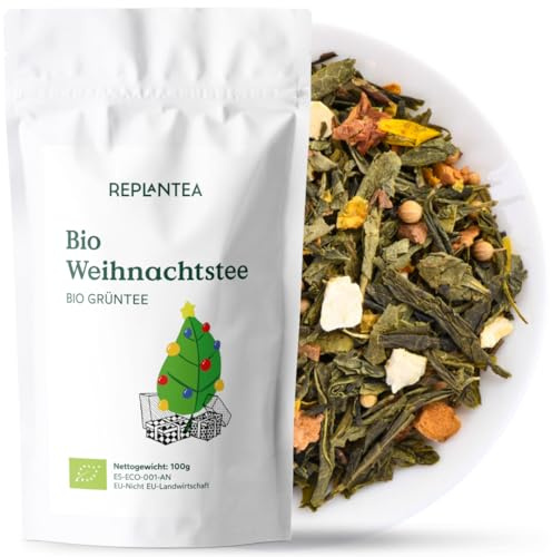 REPLANTEA Bio Weihnachtstee Lose 100g | Grüner Tee Sencha mit Zimt, Apfel & Orange | Aromatische Winter-Gewürzmischung | Ideal für Advent & Weihnachten | Ergibt ca. 50 Tassen