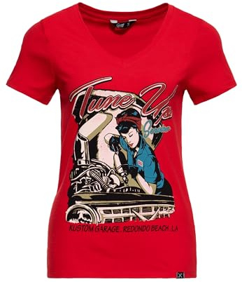 Queen Kerosin Damen Kurzarm T-Shirt V Ausschnitt Tune Up Print Slim Fit Tune Up
