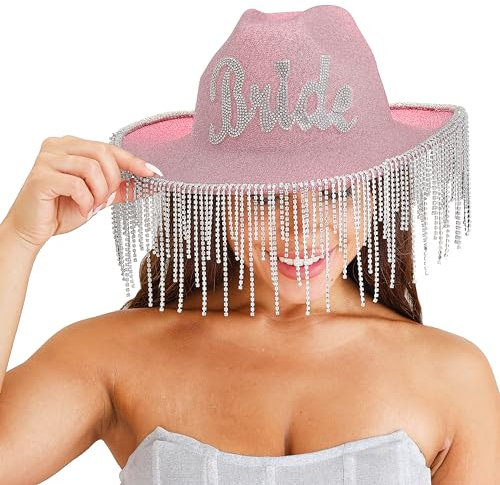 Ginger Ray Verzierter, mit Diamanten besetzter Cowboyhut „Braut“, rosa glitzernd, mit Quastenrand, tragbar für den Junggesellinnenabschied