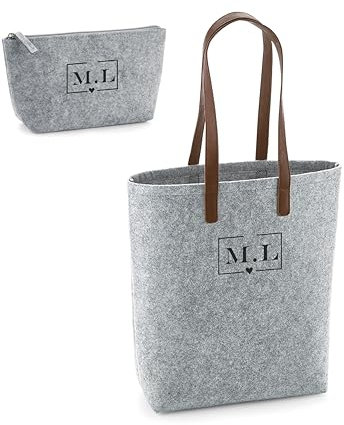 Sac avec trousse de toilette - Cadeau personnalisé pour femme - avec détail d'initiales - Sac en feutre - Idée cadeau originale, cadeau personnalisé, anniversaire, shopper feutre, gris, 39x28x12 cm