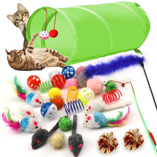 QUOZUO 31 Stück Katzen Spielzeug mit Katzentunnel, Bälle, Katzenspielzeug Mäuse, Federspielzeug, Plüschspielzeug, Interaktives Katzenspielzeug für Katzen, Katzen zubehör