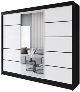 Easy4You R6 250 cm Schwarz/Weiß Schiebetüren Kleiderschrank 250x215x58 cm mit Spiegel - Schlafzimmermöbel, Aufbewahrung - Mehrzweckschrank