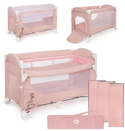 ms Baby World - Ennis - Lettino da viaggio, box e lettino classico 3 in 1 - Pieghevole a 2 altezze con buona circolazione dell'aria - Ingresso laterale e ruote con freno - Borsa da viaggio inclusa