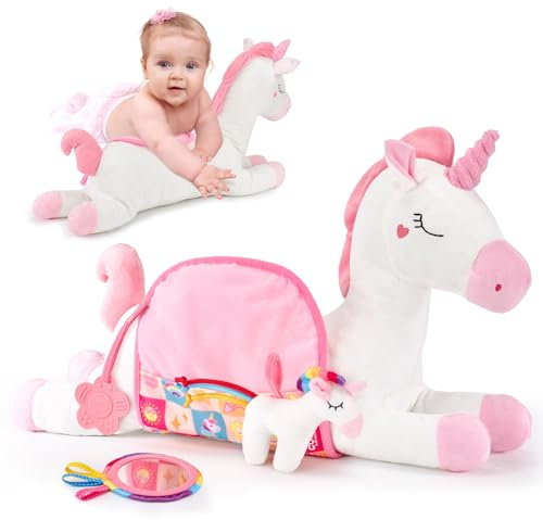 COCO&Friends Bauchlage Spielzeug Baby 0 3 6 Monate Tummy Time Baby 4 in 1 Plüsch Einhorn Aktivitätskissen mit Rassel, Spiegel und Beißring für Neugeborene Baby 0-6 Monate