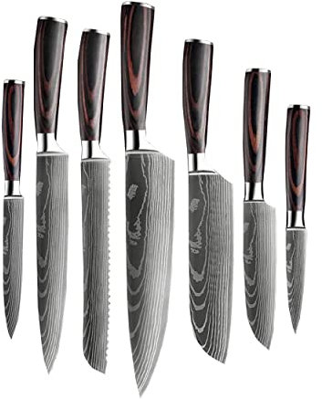 Shinrai Japan Messerset - 7-teiliges Küchenmesser Set - Japanisches Messer mit Japanisches Damastmuster - Handgefertigte Qualität Kochmesser mit Luxus-Geschenkbox