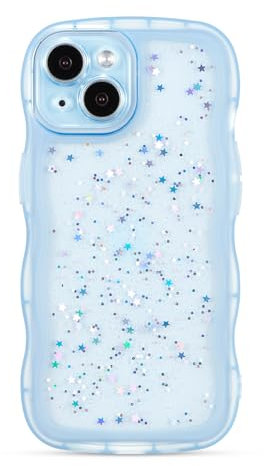 ZTOFERA Wavy Case for iPhone 14 Plus (6.7), Cute Girls Clear Curly Wave Frame Shape Bling Sparkle Star Glitters Soft TPU Back Cover Protective Phone Case Lightweight Shockproof Bumper Cover, Blue