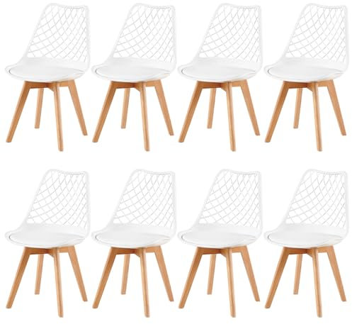 EGGREE 8er-Set Skandinavische AusgehöHlte Esszimmerstühle SGS GeprüFt, Set of 8 Gepolsterte HerausgehöHlt KüChenstüHle Retro BüRostüHle, Beine Aus Massiver Buche - Weiß