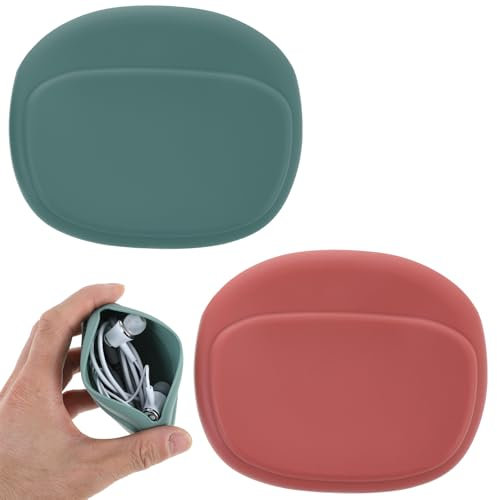 Thinp 2 Pcs Silicone Headphone Organizer Data Cable Storage Case Portable Wired Headphone Pouch Earbud Case Small Silicone Pouch Case for Wired Earbuds Cell Usb Flash Drive Lipstick(Red,Green)