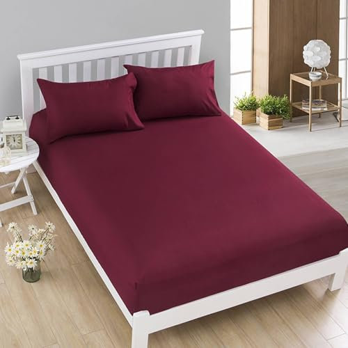 Homxi Sabanas Cama Bajera,(120 x 200 x 15 cm),Sabanas de Verano Matrimonio Color Sólido Sabanas Bajera Ajustable Vino Tinto