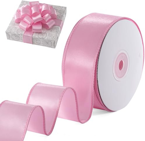 FAKILO Satin Wired Ribbon Wire Edged Christmas Ribbon for Gift Wrapping Christmas Tree Decoration Bows Making Wreath DIY Crafts Holiday and Home Decor (Pink, 38mm X 18m)