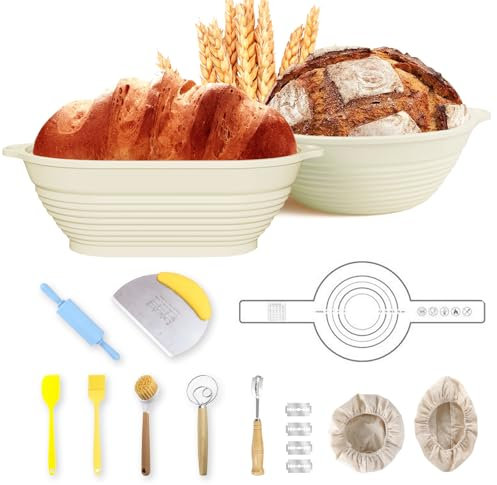 AIGOCITY 12 Stück Gärkorb Set, 9IN und 10IN Brot Gärkörbchen aus Silikon zum Brot backen, Brotkörbchen mit Brotbackwerkzeugen Geeignet für Anfänger und professionelle Bäcker zum Backen von Brot,Beige