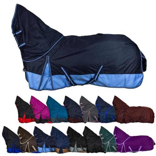 RL24 - Weidedecke Full Neck Basicline 600D Polarfleecefutter – als Regendecke & Übergangsdecke – wasserdichte Outdoordecke mit Kreuzbegurtung – Pferdedecke in Blau/Babyblau – Größe 155cm