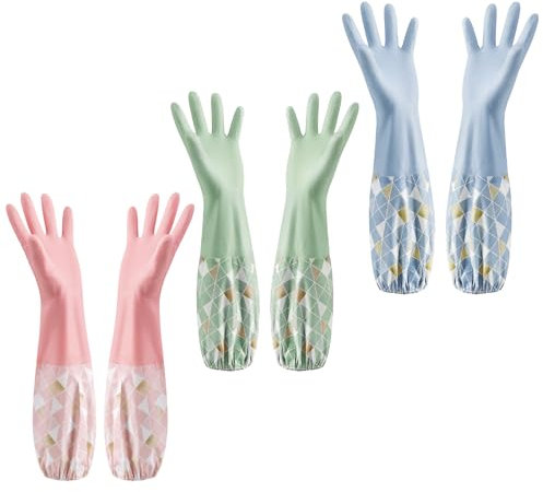 SHAIDOJIO 3 Paar Haushaltshandschuhe, Lange Spülhandschuhe mit Futter-50cm, Wasserdichte Putzhandschuhe Gummihandschuhe Lang für Küche Bad Wäscherei Gartenarbeit Haustierpflege-Rosa, Blau, Grün