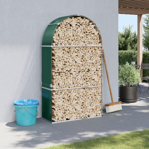 Myheimly Kaminholzunterstand, Kaminholzregal mit viel Stauraum, Feuerfest Brennholzregal mit Haken, Garten Holzlager Unterstand Grün 120x45x210 cm Verzinkter Stahl
