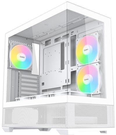 SAMA V40 Mid Tower ATX Case – 6 × 120mm ARGB PWM Fans Pre-Installed, Dual Tempered Glass Panels, Vertical Airflow, Dual-Chamber Design, USB 3.1 Type-C, 7 Slots, Supports ATX/MATX/ITX GPUs, White