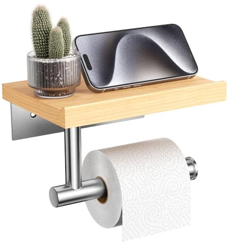 Tindbea Porte Papier Toilette Mural avec étagère Tablette, Support Mural en Bois pour Rouleau de Papier Hygiénique, Accessoires de Salle de Bains en Acier Inoxydable Brossé (érable, Nickel Brossé)