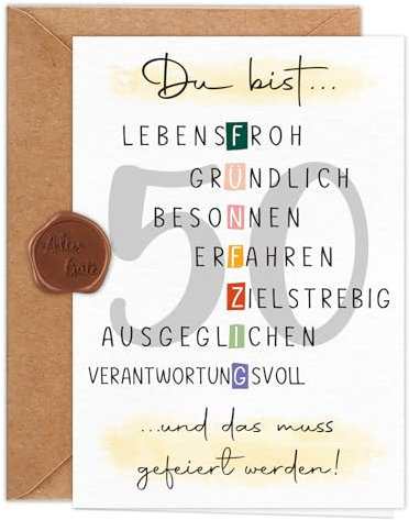 Giftota Karte 50 Geburtstag Frau Mann (A6 Klappkarte mit Umschlag & Wachssiegel), Schöne Geschenkkarte zum 50. Geburtstag mit besonderen Designs, 50. Grußkarten für Freunde, Geliebte und Eltern