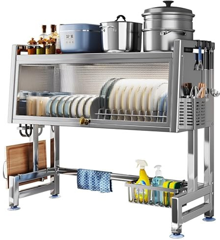 Escurridor de platos de acero inoxidable de 2 niveles con tapa, organizador de almacenamiento para fregadero de 95 cm