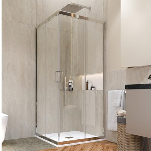 LineaDoccia Box Doccia Angolare Apertura Scorrevole Rettangolare o Quadrato Vetro 6 MM Trasparente o Opaco Profili in Alluminio Cabina Doccia (VETRO TRASPARENTE, 70X110)